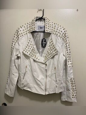 SX Honey Pot Womens XL Faux White Leather Gold Studded Motorcycle Jacket NWT New